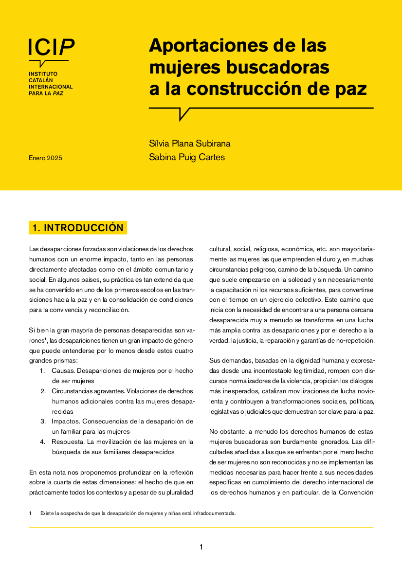 📄"Aportaciones de las mujeres buscadoras a la construcción de paz"

Nota conceptual sobre el vínculo entre las #desaparicionesforzadas y la #paz, elaborada para el Congreso Mundial @EDworldcongress #WCED

✍️Por <a href="/Sabinapuigc/">Sabina</a> y <a href="/Silviaplanasu/">Sílvia PS</a> 

➡️icip.cat/wp-content/upl…