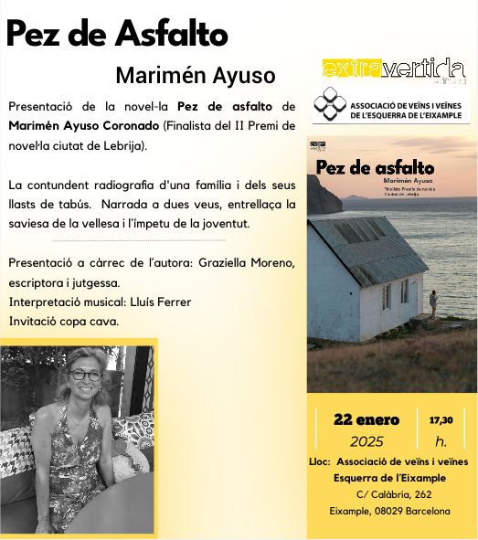 @Marimén Ay (@marimenay) on Twitter photo EL miércoles 22.01 a las 17.30 os espero para hablar de mi pez de asfalto.
Presentación a cargo de la escritora y jueza Graziela Moreno.
Actuación musical de Lluís Ferrer.
Invitación copa cava.
<a href="/Extravertida_Ed/">Extravertida Editorial</a> <a href="/GraziellaMore/">Graziella Moreno</a> <a href="/BojadorGrupo/">Grupo Bojador</a> EL miércoles 22.01 a las 17.30 os espero para hablar de mi pez de asfalto.
Presentación a cargo de la escritora y jueza Graziela Moreno.
Actuación musical de Lluís Ferrer.
Invitación copa cava.
<a href="/Extravertida_Ed/">Extravertida Editorial</a> <a href="/GraziellaMore/">Graziella Moreno</a> <a href="/BojadorGrupo/">Grupo Bojador</a>