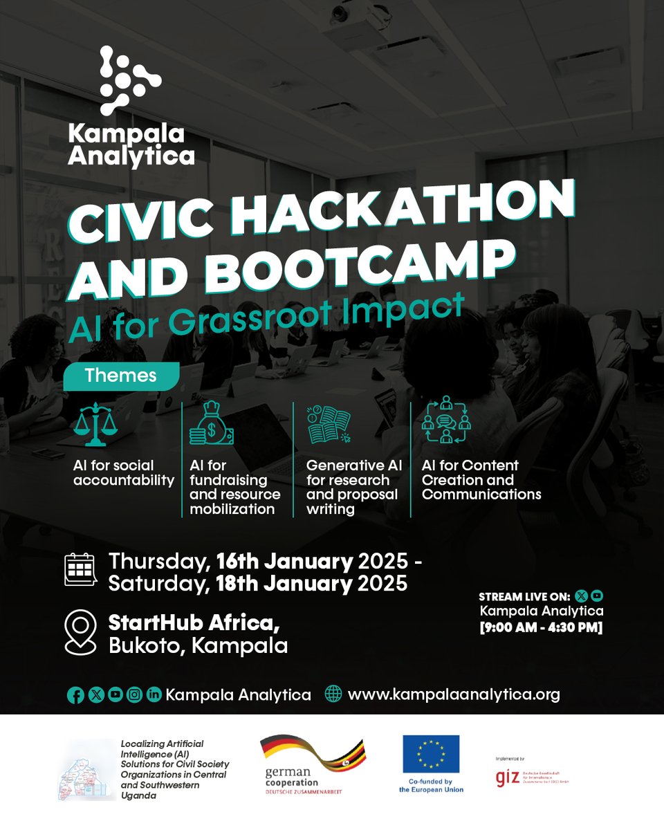 GCSP_Uganda's tweet photo. 🌟 @KLA_Analytica is hosting the Civic Hackathon &amp; Bootcamp from 16th-18th Jan 2025! 🤖✨Join us for "AI for Grassroots Impact" to spark innovation, tackle community challenges, and boost local AI solutions in Southwestern and Central Uganda. Let’s make a difference! https://t.co/WtR09J1S1M