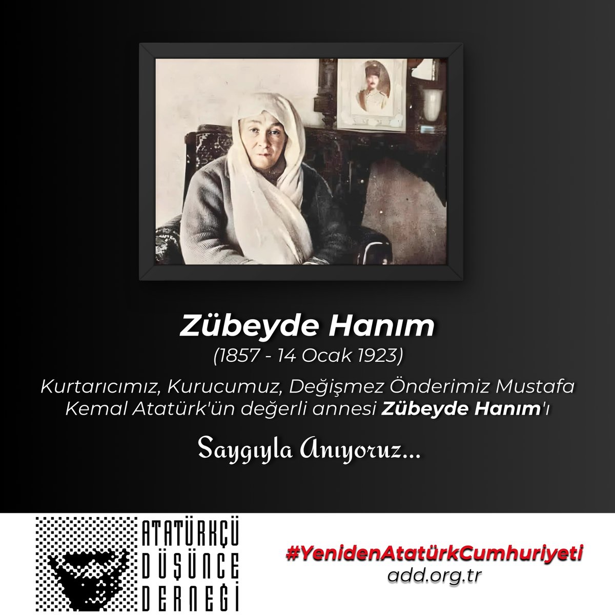 Bir anne tüm dünyayı değiştirebilir... 
Kurtarıcımız, Kurucumuz, Değişmez Önderimiz Mustafa Kemal Atatürk'ün değerli annesi Zübeyde Hanım'ı aramızdan ayrılışının 102. yıl dönümünde saygıyla anıyoruz. #ZübeydeHanım