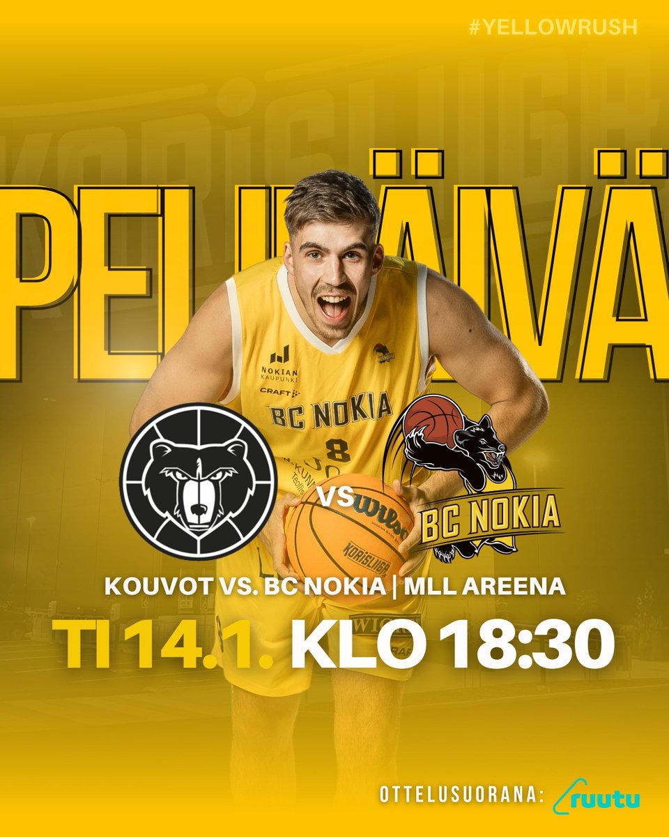 Pelipäivä! 👊🏽

🔜 Kouvot vs. BC Nokia
🗓️ TI 14.1. kello 18:30 | 📍MLL Areena
📺 Katso suorana: @ruutu_urheilu
#BCNokia #yellowrush💛 #korisliiga