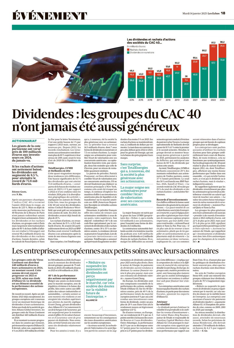 SeRistori's tweet photo. 📈Dividendes et rachats d’action, année record ?

Cette année, TotalEnergies et LVMH sont (encore) champions du rachat d’#actions et des #dividendes versés. 

➡️ C’est le signe que ces #entreprises sont arrivées à #maturité et que les sources de #croissance pour dégager des #rentabilités supérieures au coût du capital se sont taries. Autrement dit, les entreprises n’ont plus d’autres moyens que de restituer des liquidités aux actionnaires pour que ces derniers les réinvestissent ailleurs ! 

❌ Mais quel paradoxe ! Restituer de l’argent parce que la société dégage trop de valeur, et que cet excédent ne permet pas de financer de nouveaux projets source de valeur. Comme pour Carrefour et IBM en leur temps, tout s’étiole et tout s’arrête, et chaque entreprise laisse la place à de nouvelles. Les #GAFA d’aujourd’hui seront les IBM de demain, qui chercheront à dégager tout juste leur cout du capital pour assurer un fonctionnement minimum.

‼️Également, ne jamais oublier que le dividende n’enrichit pas un actionnaire. Comme le rappelle les auteurs du Vernimmen dans cet article, un actionnaire qui détient une action de 10 et qui se voit verser un dividende de 3 détiendra automatiquement une action d’une valeur de 7. 
Et 7+3 =10. Il n’y a pas d’enrichissement.
Par contre, la capacité de la société à générer des résultats élevés contribue à la création de valeur et à l’enrichissement !  

Pour mémo, 📝 ma chronique sur les dividendes en 2021 à la sortie #Covid qui rappelle, pour ceux qui ont tendance à confondre et opposer salaires, travailleurs et dividendes, les différences fondamentales entre deux concepts (salaires / dividendes) qui n’ont strictement rien en commun ⬇️