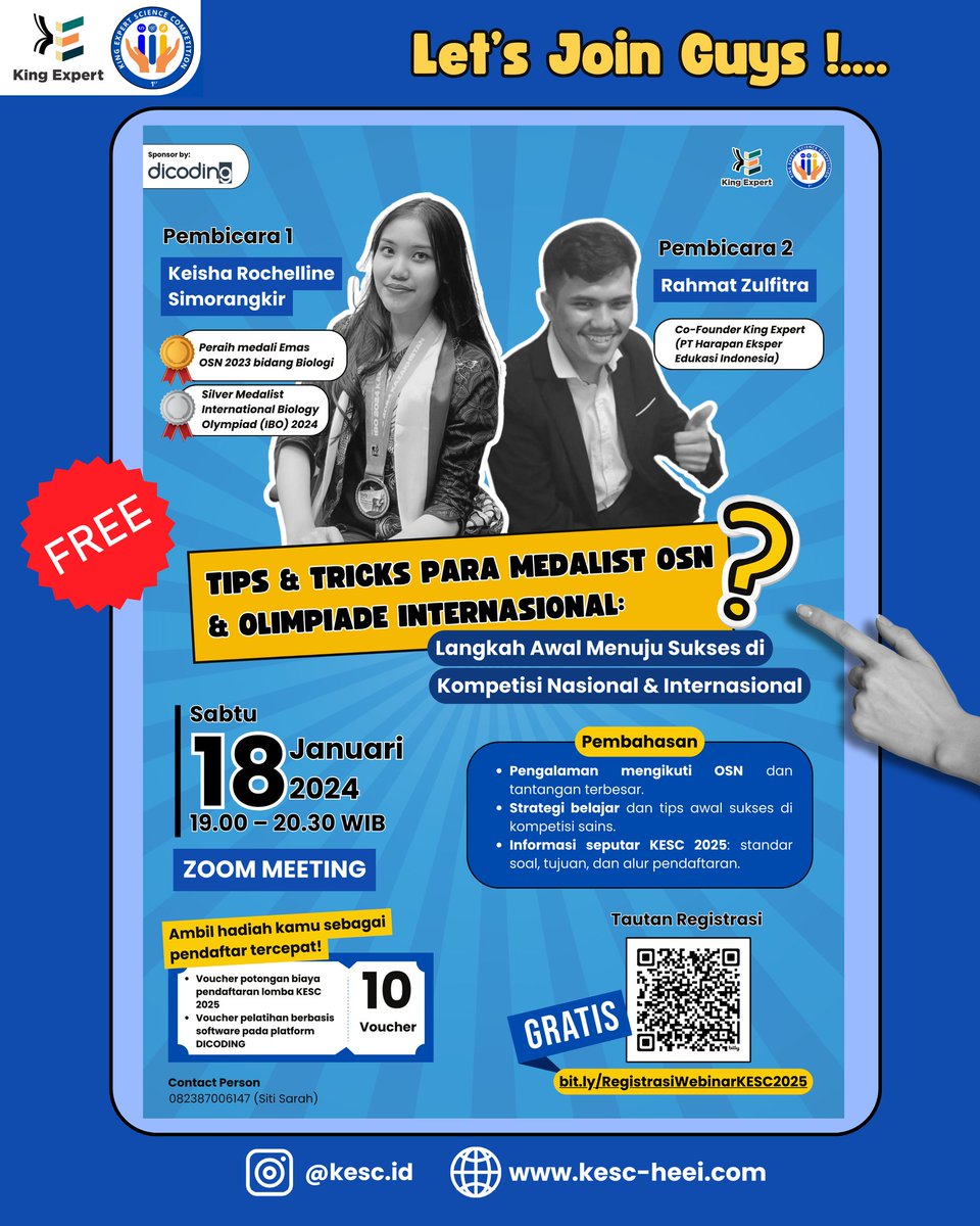 Kesc_id's tweet photo. 📢 Mau jadi Juara OSN &amp; Olimpiade Internasional? 🥇

Yuk, ikutan Talk Show GRATIS:
🏆 "Tips &amp; Tricks Medalis OSN &amp; Olimpiade Internasional" 🏆

Daftar Gratis : https://t.co/zOK4UNvsuL

#OSN2025 #IBO2024 #TalkshowOSN #Competition https://t.co/CgIZTYwhSc
