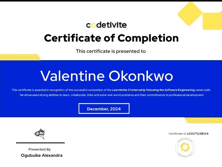 Defcvalentino's tweet photo. Thrilled to share I’ve completed my internship at Codetivite 🎉!

I worked on real-world projects, sharpened my technical &amp; soft skills, and thrived in a fast-paced environment.

Grateful to the Codetivite team &amp; Ogubuike Ozioma Alex for their guidance. Excited for what’s next! https://t.co/6IRLJ3CF33