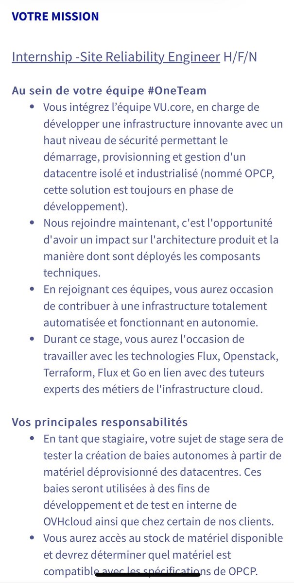olesovhcom's tweet image. Pour renforcer l&apos;équipe qui travaille sur On-Prem Cloud Platform, je cherche les stages ingé de fin d&apos;etude, 4-6 mois, (avec le CDI après). On a qq sujets sympa pour démarrer chez OVHcloud de manière pragmatique avec de vraies mises en production. Les stages sont rémunérés. Si ca…