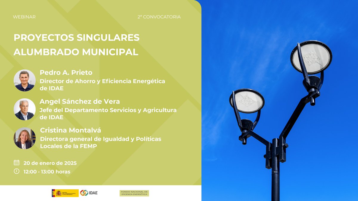 IDAEenergia's tweet photo. #WebinarsIDAE 💡 El próximo 20/01 presentamos la 2ª convocatoria de proyectos singulares para alumbrado exterior 

→Con 155M€ para reducir:
✅Las emisiones de CO2
✅El gasto municipal
✅La contaminación lumínica

⏰Hora: 12:00 

Registro → https://t.co/UrsZD6QHuw https://t.co/0NhET9skNK