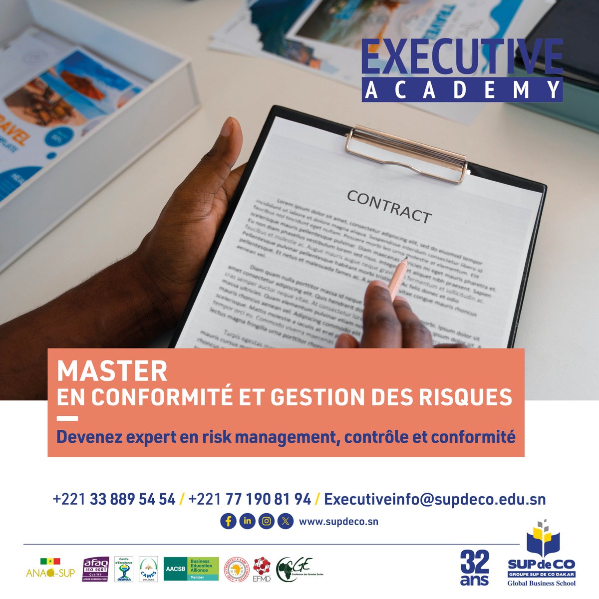 Master Conformité et Gestion des risques 📚⚖️

Étudiants, professionnels, intégrez notre Master en Conformité et Gestion des Risques, la clé pour réussir dans le monde en constante évolution de la conformité et des risques. 🌟

Contacts :
☎+221 33 889 54 54
☎+221 77 190 81 94