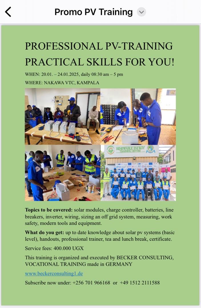 cissynaga's tweet photo. Those who need to acquire a skill from German professionals your most welcome If interested urgently and kindly watsapp me on +256701966168 since there are few days left .  Investing in energy efficiency is better than investing in electric poles .
For the youth you deserve this. https://t.co/g7UguyiNdP
