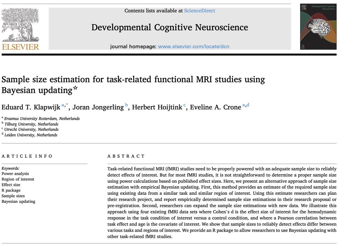 Eduard Klapwijk (@etklapwijk) on Twitter photo New paper! Sample size estimation for task-related functional MRI studies using Bayesian updating doi.org/10.1016/j.dcn.… (reproducible version w/ notebooks: eduardklap.github.io/sample-size-fm…)
Had a blast working w/@JoranJongerling <a href="/herberthoijtink/">Herbert Hoijtink</a> <a href="/EACrone/">Eveline Crone</a>. Short summary + highlights: 1/n New paper! Sample size estimation for task-related functional MRI studies using Bayesian updating doi.org/10.1016/j.dcn.… (reproducible version w/ notebooks: eduardklap.github.io/sample-size-fm…)
Had a blast working w/@JoranJongerling <a href="/herberthoijtink/">Herbert Hoijtink</a> <a href="/EACrone/">Eveline Crone</a>. Short summary + highlights: 1/n
