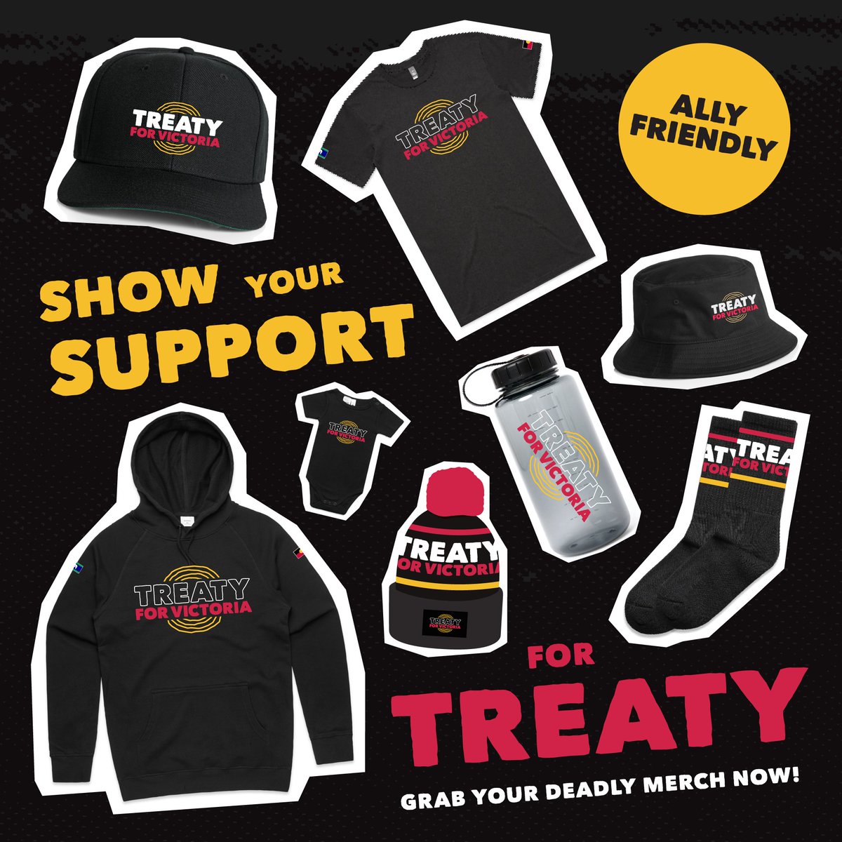 firstpeoplesvic's tweet photo. Hey mob (and allies!) looking for ways to show your support for Treaty in Victoria? Just a reminder that we've got a deadly range of merch in our online shop: https://t.co/BLdmnqyJoV https://t.co/jBT5jH3u8D