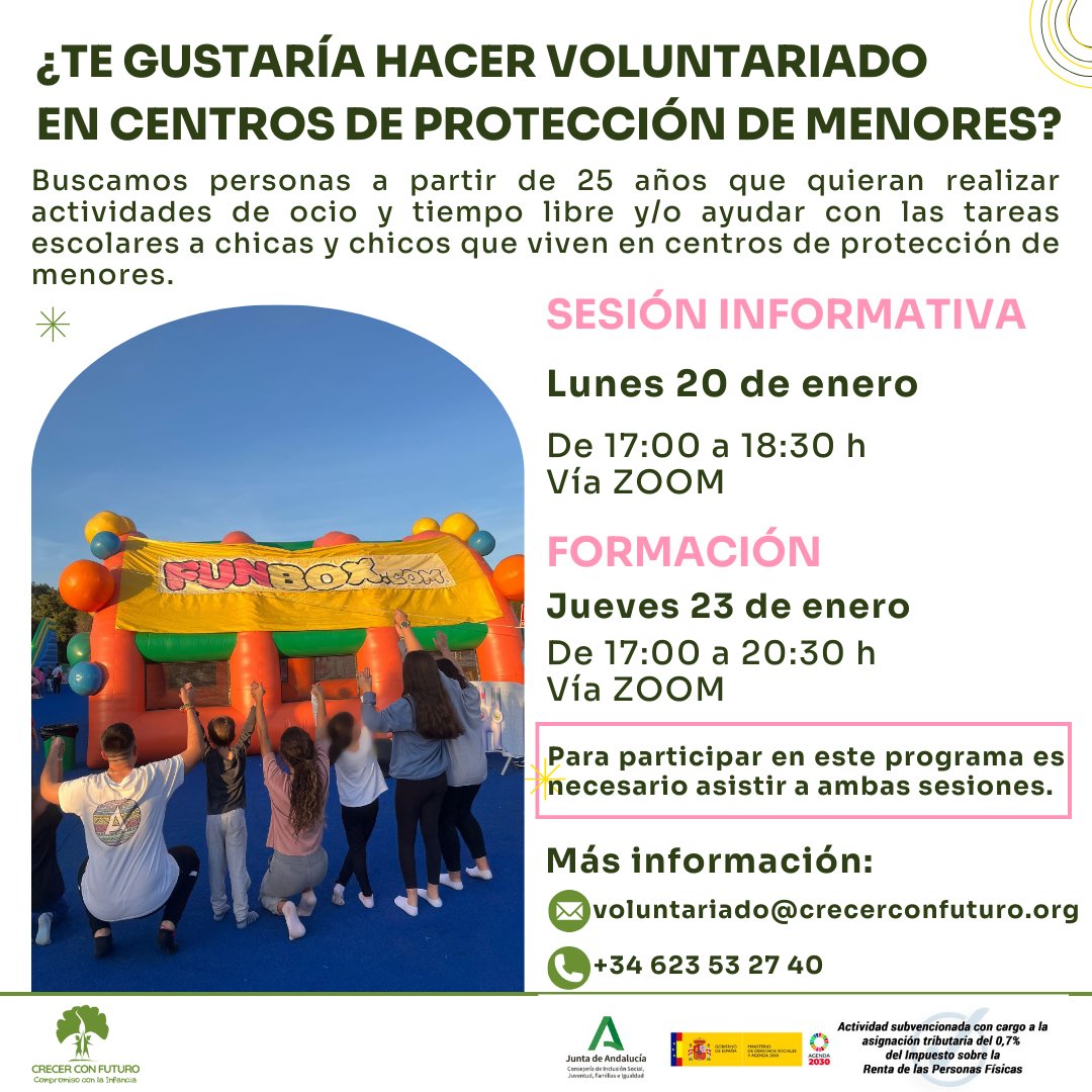 Este 2025, ¿te gustaría que tu tiempo tuviese un valor infinito? 💚 ¡Haz #voluntariado en centros de protección de menores!

🌀Áreas de apoyo escolar y ocio y tiempo libre. 
📍#Huelva, #Sevilla y #Málaga. 

¡Inscríbete a la próxima sesión informativa! ⬇️
crecerconfuturo.org/proyecto-volun…