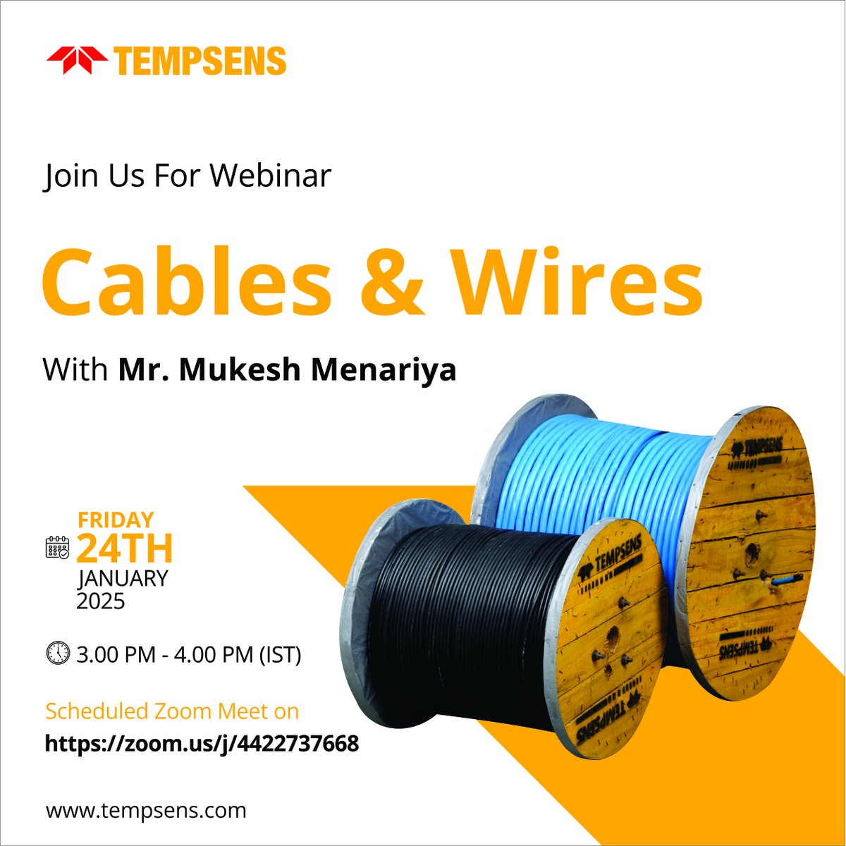 Tempsens's tweet image. We are excited to invite you to our upcoming webinar, &quot;Cables and Wires.
🎙️ Speaker: Mr. Mukesh Menariya
📅 Date: Friday, January 24th, 2025
🕒 Time: 3:00 PM - 4:00 PM (IST)
Registration: forms.gle/isfEhwzyfNpkaj…
Zoom : zoom.us/j/4422737668?p…
#Tempsens #LTcables #powercables