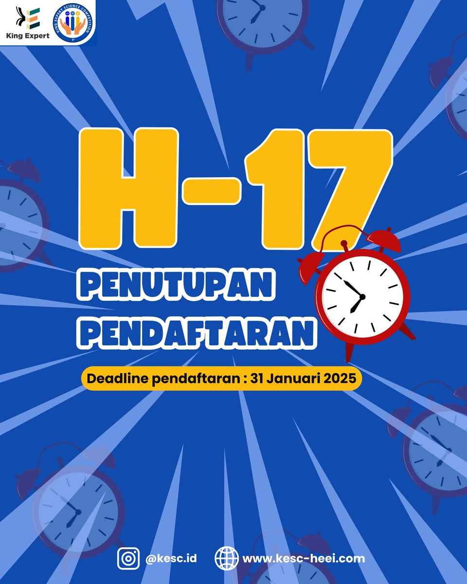 Kesc_id's tweet photo. ⏳ H-17 menuju deadline KESC 2025!

📅 Pendaftaran ditutup: 31 Januari 2025
🔗 Daftar di: https://t.co/iQkkiKKLfG atau https://t.co/zUg7TMagFN

📱 0851-8321-3414
📧 contact@kingexpert.id

#KESC2025 #CountdownKESC #DeadlinePendaftaran #KompetisiSains #Competition https://t.co/PUTzgaNpQx