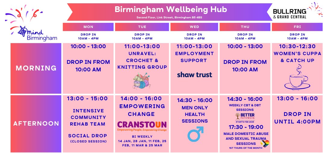 🌷 🌼  We're excited for Spring at our Bullring Wellbeing Hub 🌷 🌼

We continue to offer a drop in, between 10am-4pm every Monday - Friday.

The full timetable is available to download from our website
💻 bit.ly/3Tso9AJ