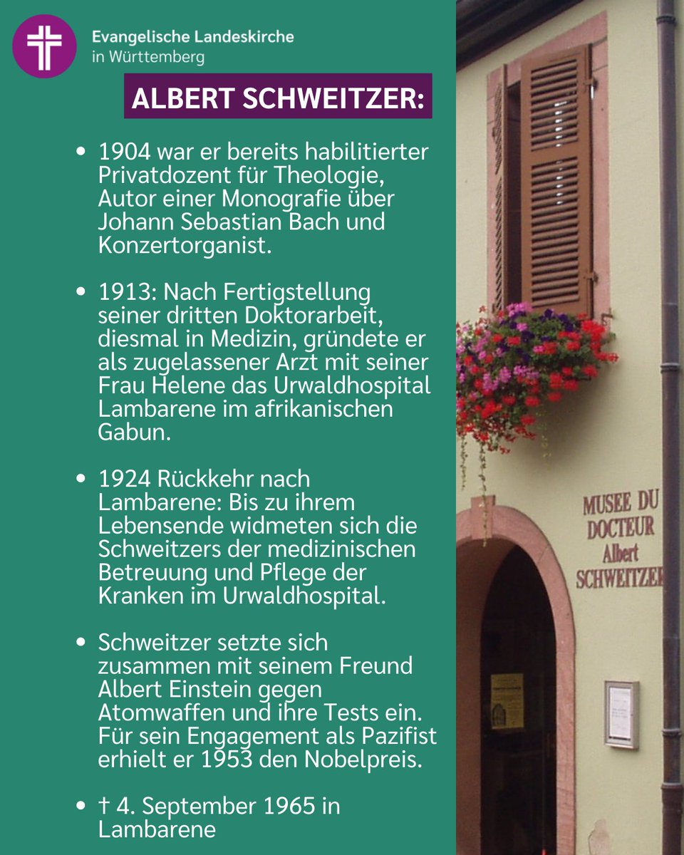 Vor 150 Jahren wurde Albert Schweitzer, Nobelpreisträger und weltbekannter Urwalddoktor aus Lambarene, geboren: 👉elk-wue.de/service/gedenk…

#elkwue #kirche #evangelisch #württemberg #kirchesein #kirchengeschichte #gedenktag #historisch #gedenken #geschichte