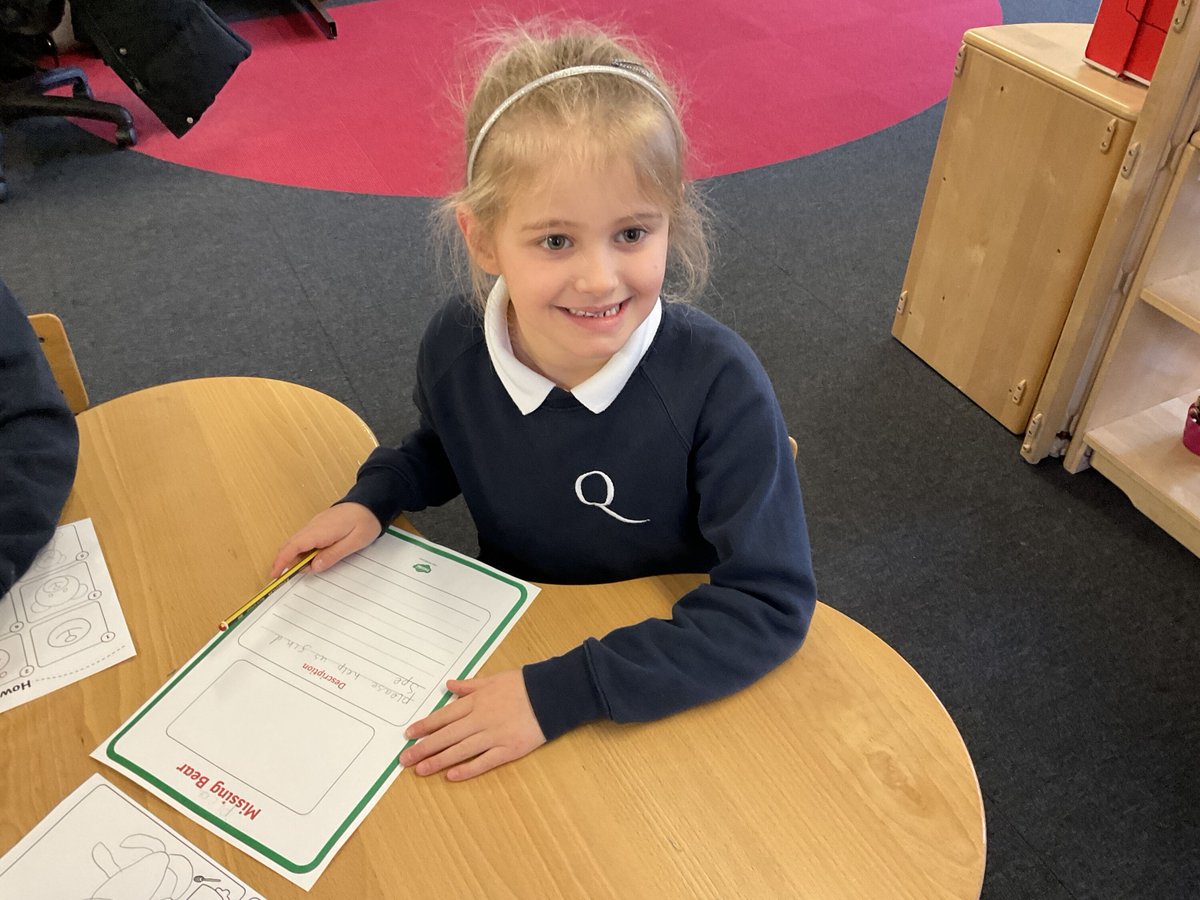 QueensLowerSch's tweet photo. Y1 pupils discovered that the class bear was missing when they returned to school last week! They made missing posters using their best descriptive words, before reading 'The Everywhere Bear' by Julia Donaldson & predicting where he might have gone. #ImaginativeLearning #Queens https://t.co/ywKYOe6Siy