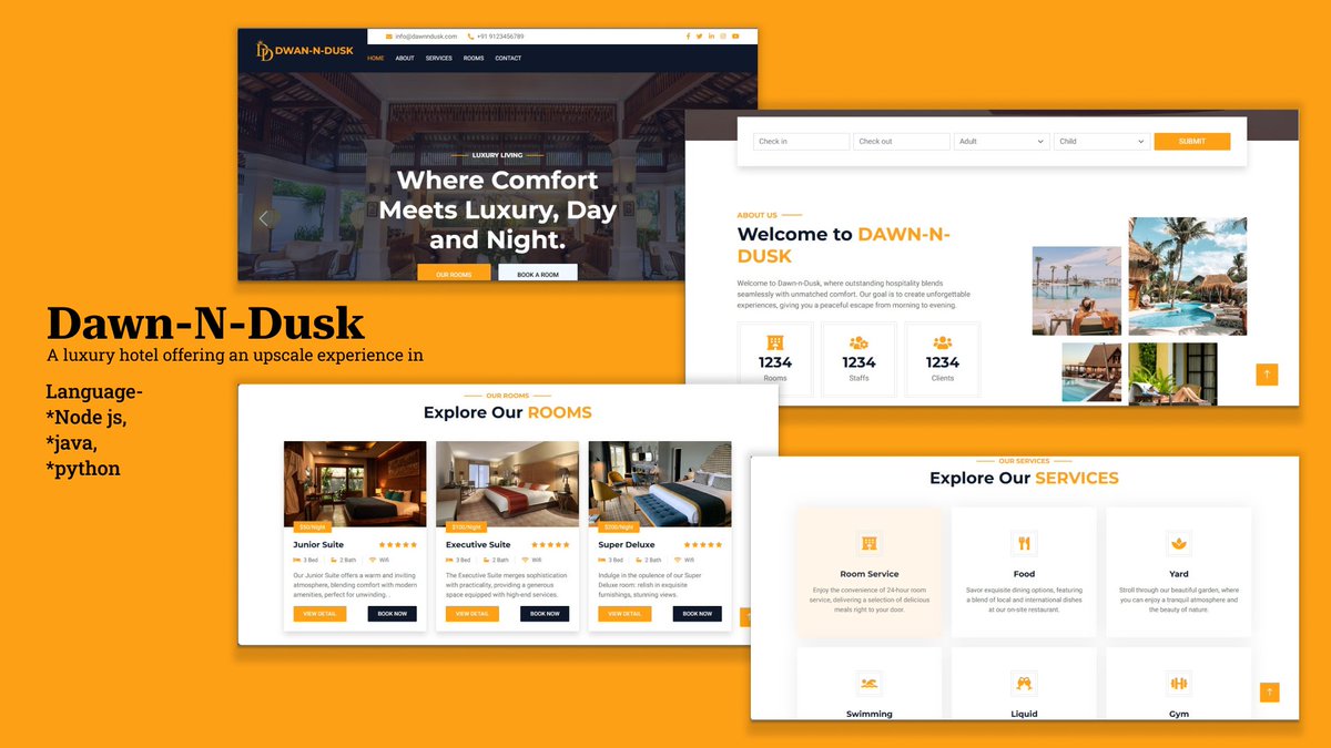 Geek_Thrive's tweet photo. " Presenting our latest design for Dawn-N-Dusk - a luxury hotel offering upscale experiences! 
Crafted with elegance and cutting-edge technologies like Node.js, Java, and Python, this platform redefines hospitality, combining user-friendly interfaces with seamless functionality. https://t.co/kDd2OOSQ3q