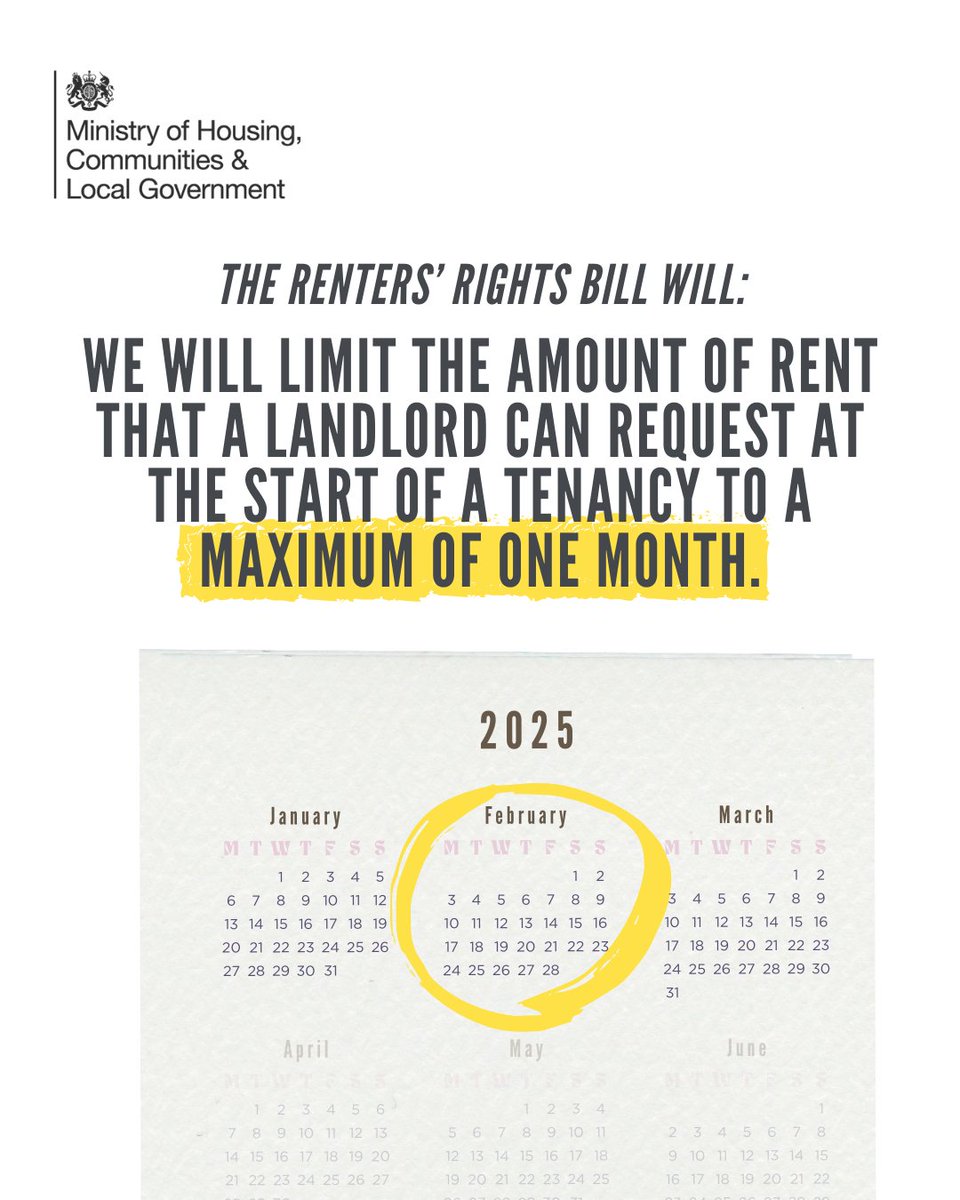 mhclg's tweet photo. Our Renters’ Rights Bill will cap advance rent payments at one month’s rent. 

We’ll stop landlords demanding multiple months’ rent in advance as a condition for securing a home. 

#RentersRights https://t.co/l3m6yQPZn4