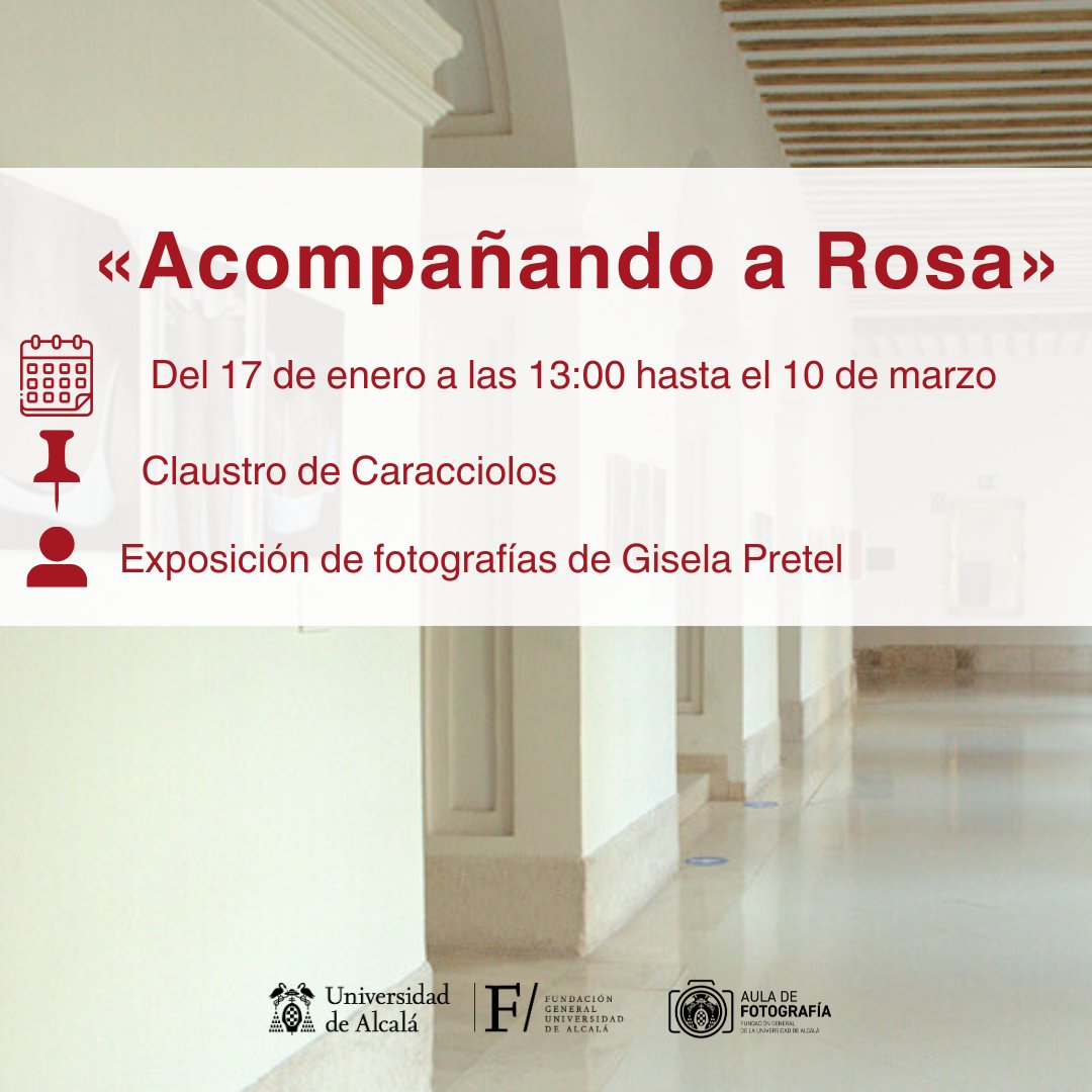 📸 No te pierdas la exposición "Acompañando a Rosa" de Gisela Pretel, un proyecto sobre vivir con obesidad en la edad adulta. 🗓 Del 17/01 al 10/03 en el Claustro de Caracciolos. 🎉 Inauguración y visita guiada a las 13:00 h. ¡Entrada libre! 👏
Más info cultura.uah.es/es/evento/Acom…