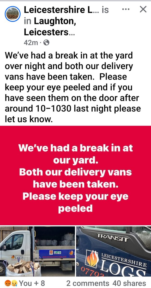 ApsoMollie1's tweet photo. 🚨🚨👀 #Stolen #Leicestershire #Leicester #Laughton #Northamptonshire #Warwickshire
My pals at Leicestershire Logs have had their two delivery trucks taken. They are a good, small, local business and need them back!! 👀🚨🚨 https://t.co/cAZEog4E26