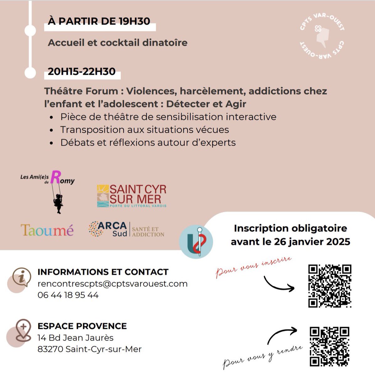 À l’occasion de sa 6eme #RencontreCPTS,  la <a href="/CptsVarOuest/">CPTS VAR-OUEST</a> innove et crée #AtelieRenScène :

Violences, harcèlement, addiction chez l’enfant &amp; l’adolescent : détecter et agir.

Professionnels de santé, du social, de l’éducation, venez échanger avec nous !

my.weezevent.com/les-rencontres…