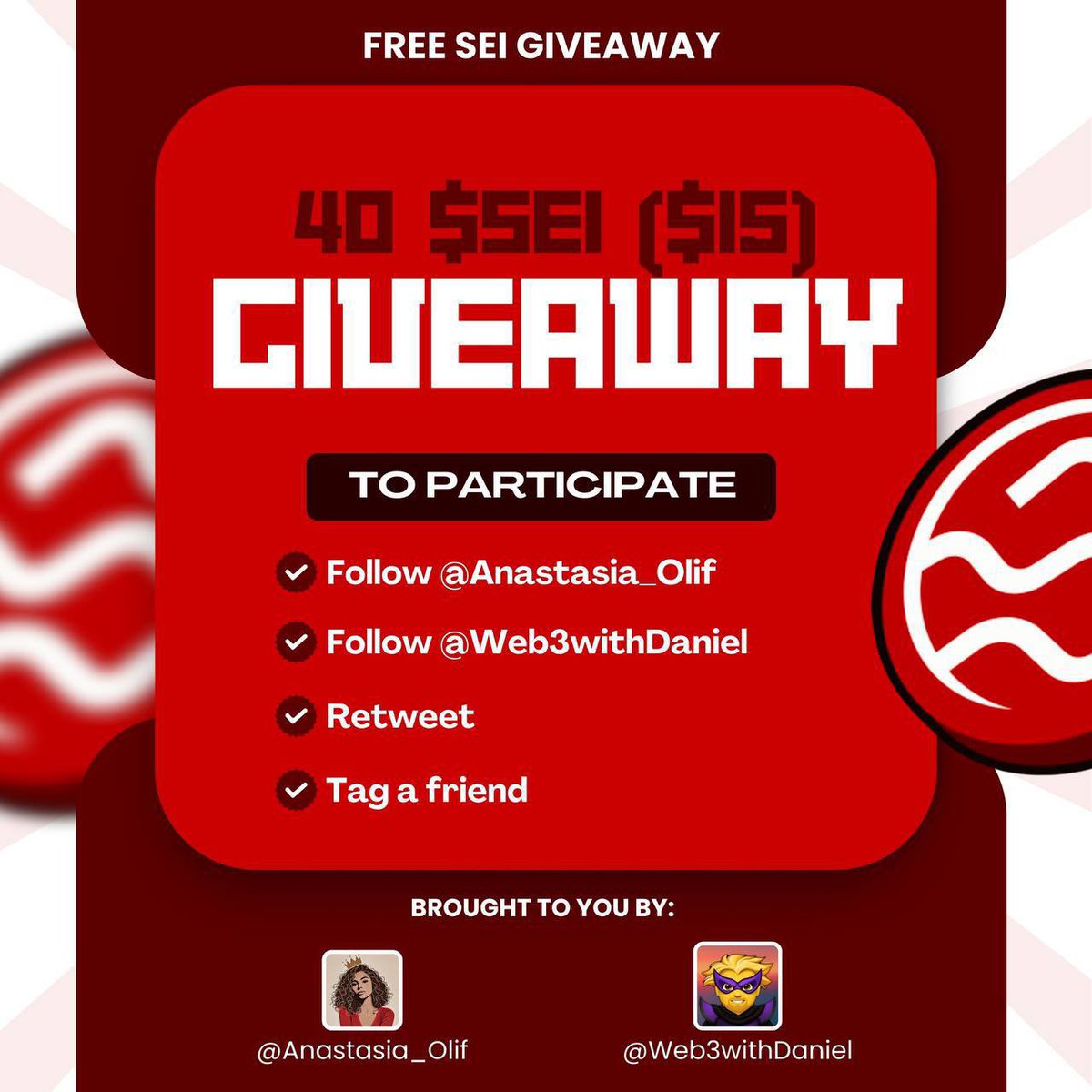 🔴 Sei Giveaway 🔴

40 $SEI (~$15)

How to participate:

• Follow @Anastasia_Olif &amp; <a href="/Web3WithDaniel/">Web3WithDaniel SEI</a> 
• Retweet this post 
• Tag a friend

⏳ Winner announced in 48 hours