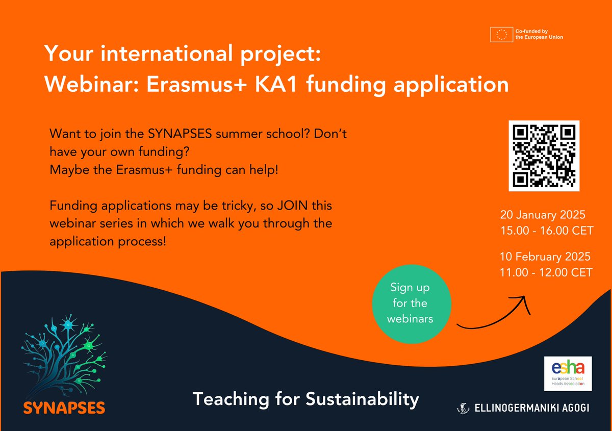 🎓 Want to join the SYNAPSES Summer School? Get EU funding through Erasmus+ KA1! Join our webinar series for a step-by-step application guide. Register here: forms.office.com/e/vjNE5uY81W

Sessions: Jan 20 (walkthrough) &amp; Feb 10 (Q&amp;A) #ErasmusPlus #SustainabilityCitizenship