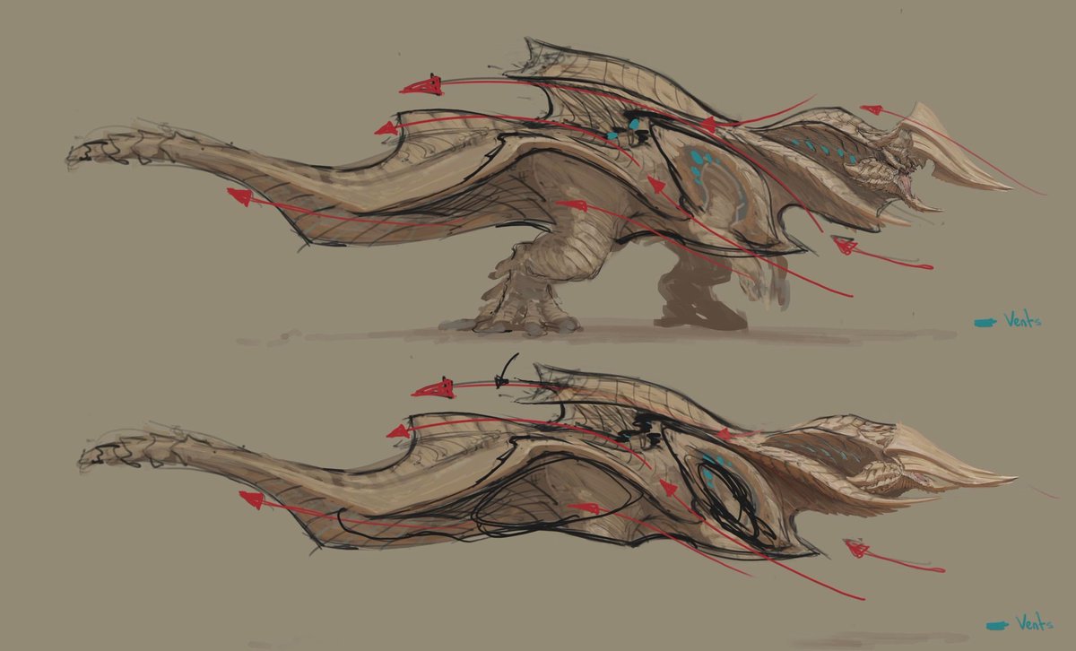 GroGibbon's tweet photo. When the first trailer for Monster Hunter Wilds was released, I decided to start brainstorming a new monster that could fit into the series. It’s designed as a brute wyvern that adapts to its environment by switching between two different stances: normal mode and tunneler's mode. https://t.co/ORh2Rko4qZ