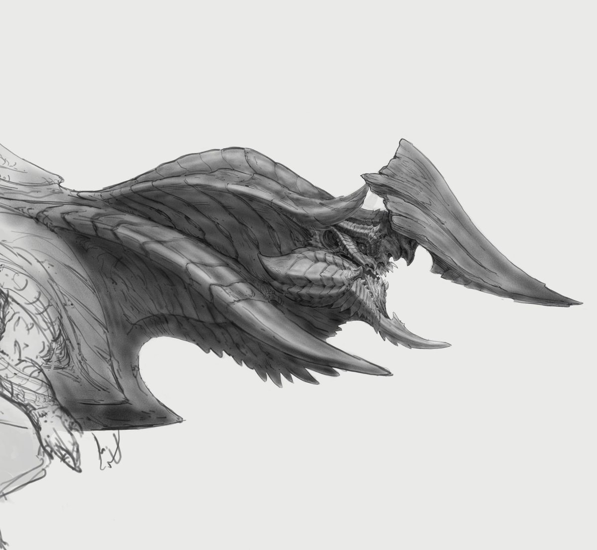 GroGibbon's tweet photo. When the first trailer for Monster Hunter Wilds was released, I decided to start brainstorming a new monster that could fit into the series. It’s designed as a brute wyvern that adapts to its environment by switching between two different stances: normal mode and tunneler's mode. https://t.co/ORh2Rko4qZ