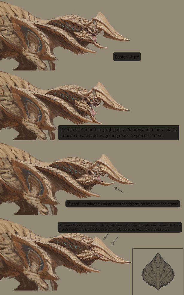 GroGibbon's tweet photo. When the first trailer for Monster Hunter Wilds was released, I decided to start brainstorming a new monster that could fit into the series. It’s designed as a brute wyvern that adapts to its environment by switching between two different stances: normal mode and tunneler's mode. https://t.co/ORh2Rko4qZ
