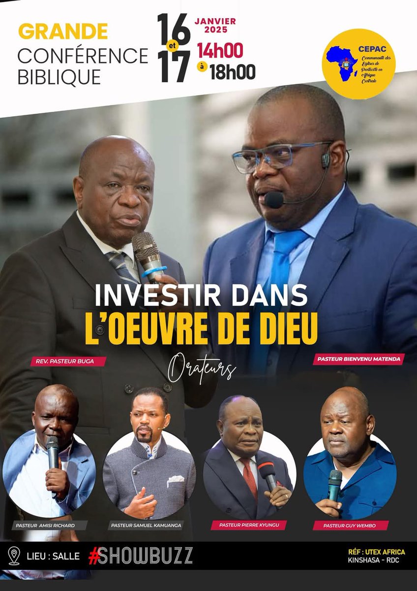 BienvenuMatenda's tweet photo. Chers amis et frères en Christ,
Nous avons le plaisir de vous inviter à la 4ème édition de notre conférence biblique intitulée "Investir dans l’Œuvre de Dieu". Cet événement se déroulera les 16 et 17 janvier 2025, de 14 heures à 18 heures, dans la salle **ShowBuzz Gombe.Cette conférence sera une occasion unique de se rassembler, d'approfondir notre compréhension de l'œuvre de Dieu et d'explorer comment nous pouvons y contribuer activement. Au programme : des enseignements inspirants, des témoignages édifiants et des moments de prière et de partage.Nous serions honorés de votre présence et de votre participation à cet événement qui promet d'être riche en enseignements et en bénédictions.N'hésitez pas à inviter vos amis et votre famille à se joindre à nous pour cette belle aventure spirituelle.Que Dieu vous bénisse et nous espérons vous voir nombreux !Fraternellement,Pasteur Bienvenu Matenda