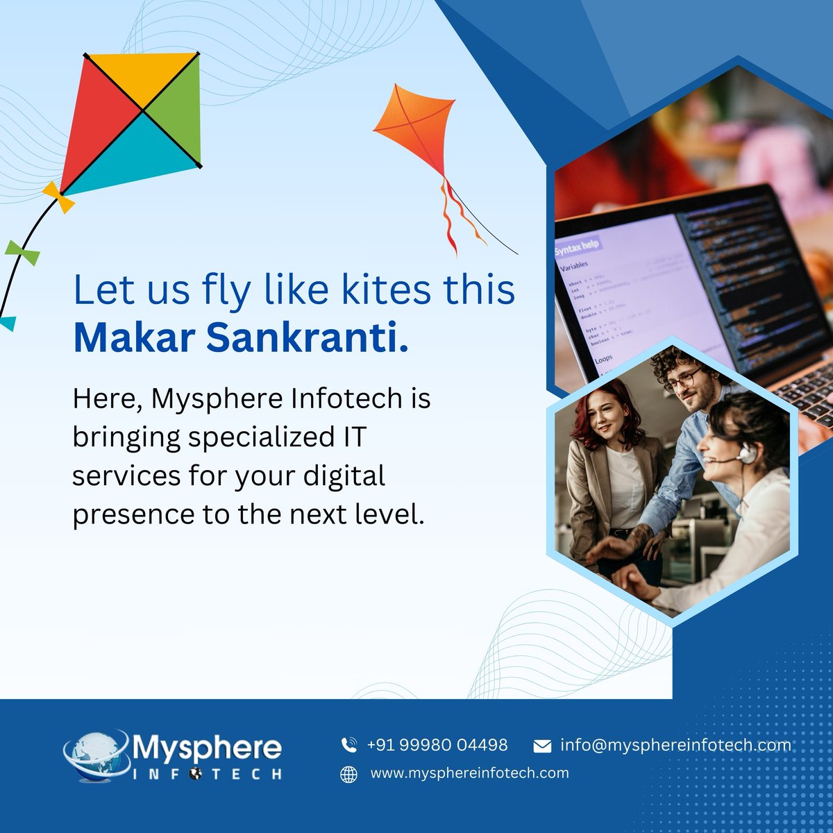 mysphereinfo's tweet photo. Let us fly like kites this Makar Sankranti. Here, Mysphere Infotech is bringing specialized IT services for your digital presence to the next level.

#MakarSankranti #DigitalGrowth #MysphereInfotech #VadodaraIT #TechLeaders https://t.co/uol6tV0xR1