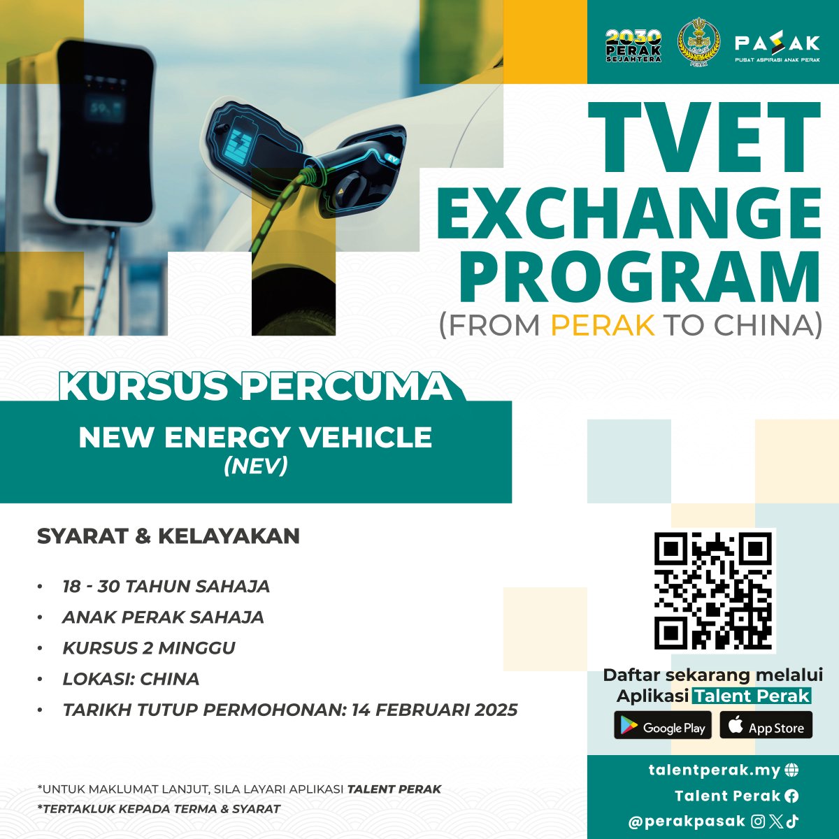 Jom sertai TVET Exchange Program dan pelajari teknologi terkini New Energy Vehicle (NEV).

📌Tawaran TERHAD kepada 20 penyertaan (anak Perak) sahaja.

Sekurangnya mempunyai SKM TAHAP 2 (Bidang Automotif)
ATAU
6 bulan pengalaman dalam bidang automotif.

Scan QR Code untuk daftar