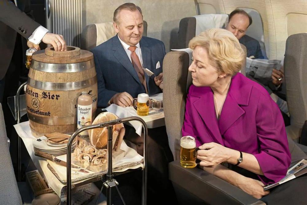 In the 1960s, Lufthansa served pork and draft beer on board
