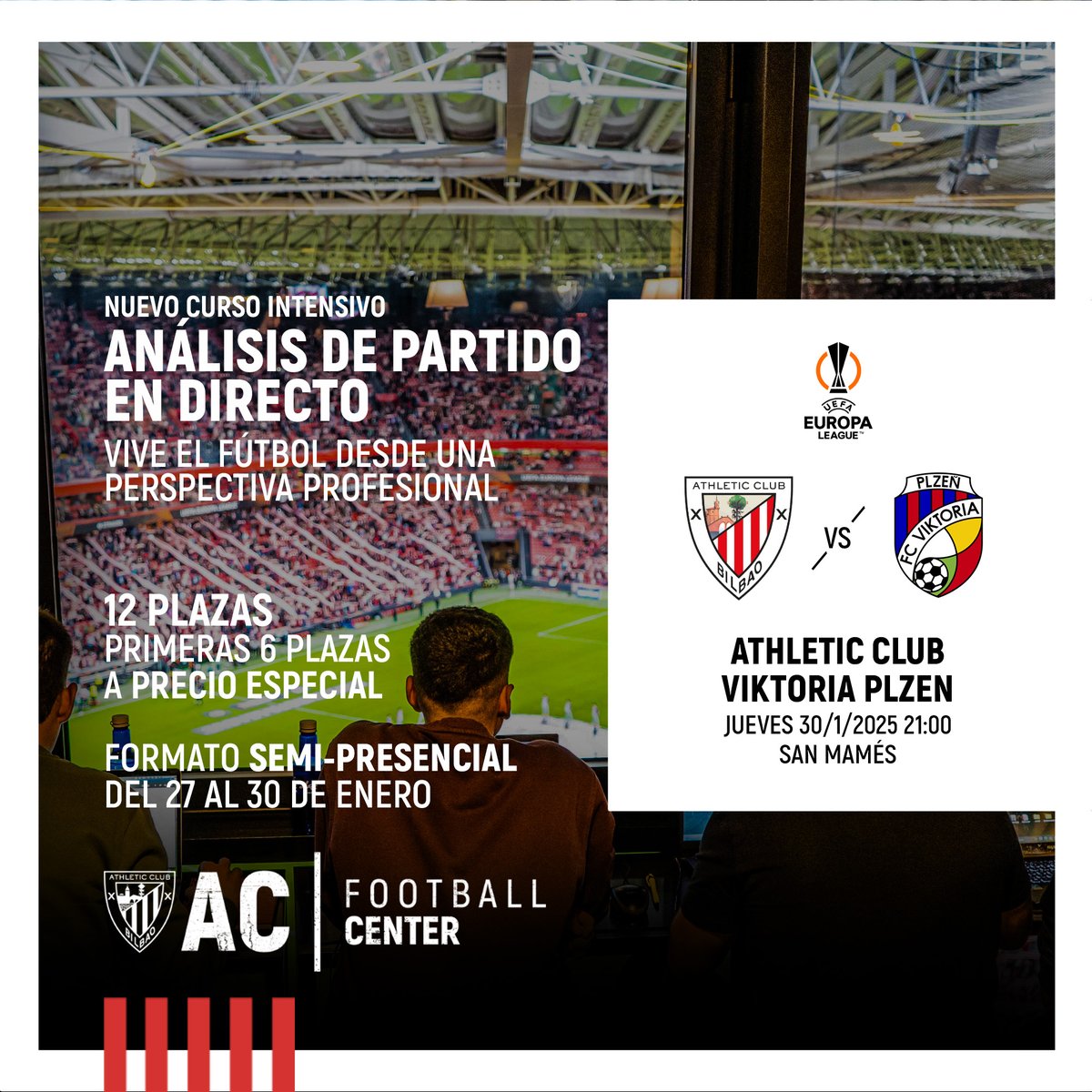 PROGRAMA

📅 27-28 enero | ONLINE | 17:00-20:00
🎥 Software, botoneras, tageo, informes.

📅 30 enero | PRESENCIAL en #SanMamés
🏟️ Skybox: análisis en directo, repaso táctico.

EQUIPO DOCENTE:

🗣️<a href="/ibonlanda/">ibon Landa Aguirre</a> 
🗣️<a href="/imartinabraldes/">Iñaki M. Abraldes🔻🦋</a> 
🗣️#AlbertoIglesias
👇