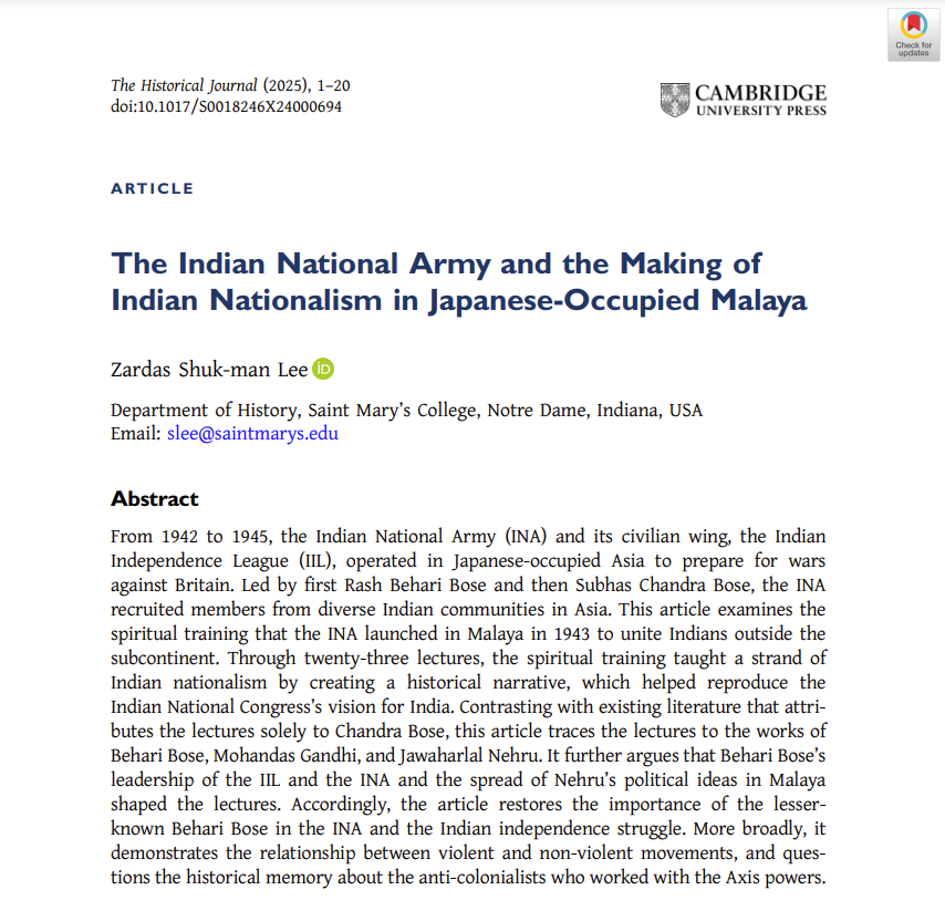 The Historical Journal (@historicaljnl) on Twitter photo 📢Out now on #firstview!
Zardas Shuk-man Lee (<a href="/saintmarys/">Saint Mary's College</a>) on 'The Indian National Army and the Making of Indian Nationalism in Japanese-Occupied Malaya'
#India #Spiritual #Lectures #AntiColonial 🇮🇳🗨️
👉Read open access: cambridge.org/core/journals/… 📢Out now on #firstview!
Zardas Shuk-man Lee (<a href="/saintmarys/">Saint Mary's College</a>) on 'The Indian National Army and the Making of Indian Nationalism in Japanese-Occupied Malaya'
#India #Spiritual #Lectures #AntiColonial 🇮🇳🗨️
👉Read open access: cambridge.org/core/journals/…