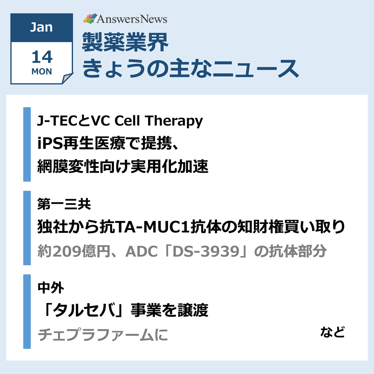 🆕1月14日 製薬業界きょうのニュースまとめ読み https://t.co/zXAKNtFRXP □J-TECとVC Cell  Therapyが資本業務提携…網膜変性向けiPS再生医療、実用化加速  □第一三共、抗TA-MUC1抗体の知的財産権買い取り…ADC「DS-3939」の抗体部分 □中外「タルセバ」チェプラファームに ...