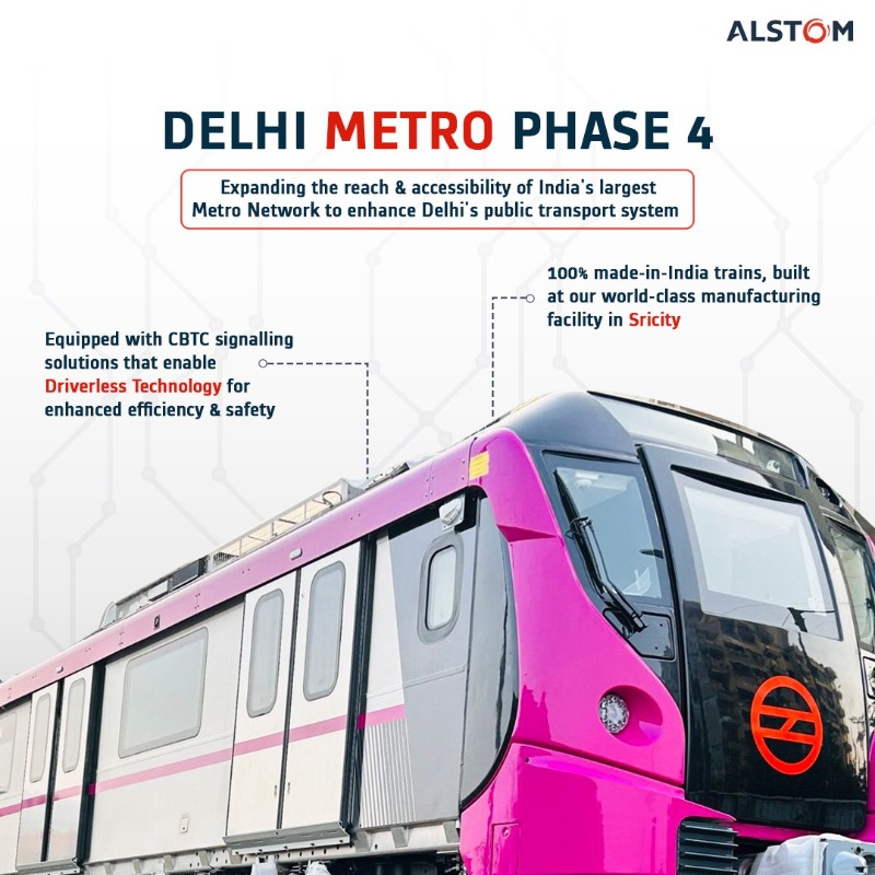 AlstomIndia's tweet photo. Today, #DelhiMetro is the backbone of the city’s public transport, connecting key areas across Delhi. With the Phase 4 expansion, our #MadeInIndia trains and signalling technology are enabling sustainable urban mobility.