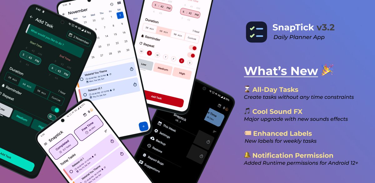 vishal2376's tweet photo. Snaptick v3.2 Released ๐
โญ All-Day tasks
โญ Sound effects
โญ Enhanced Labels
โญ Notification Permission
Download https://t.co/Uw5YTVPeFm
Follow @snaptickapp
#buildinpublic #kotlin #app #android #developers #opensource #SoftwareEngineering #snaptick #JetpackCompose https://t.co/Ka0v47jK9K