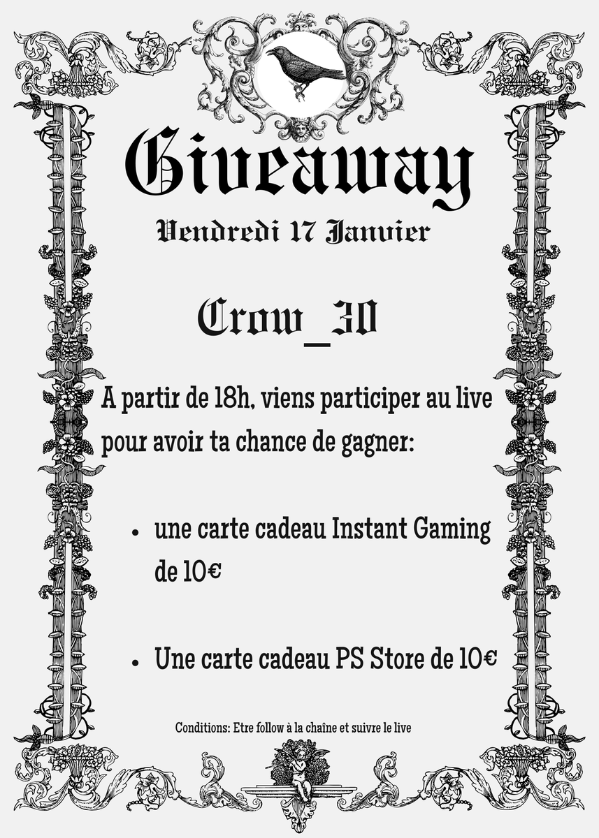 Hello !! Petite annonce pour un petit giveaway sur ma chaine kick le Vendredi 17 janvier à partir de 18h !!!
kick.com/crow-30