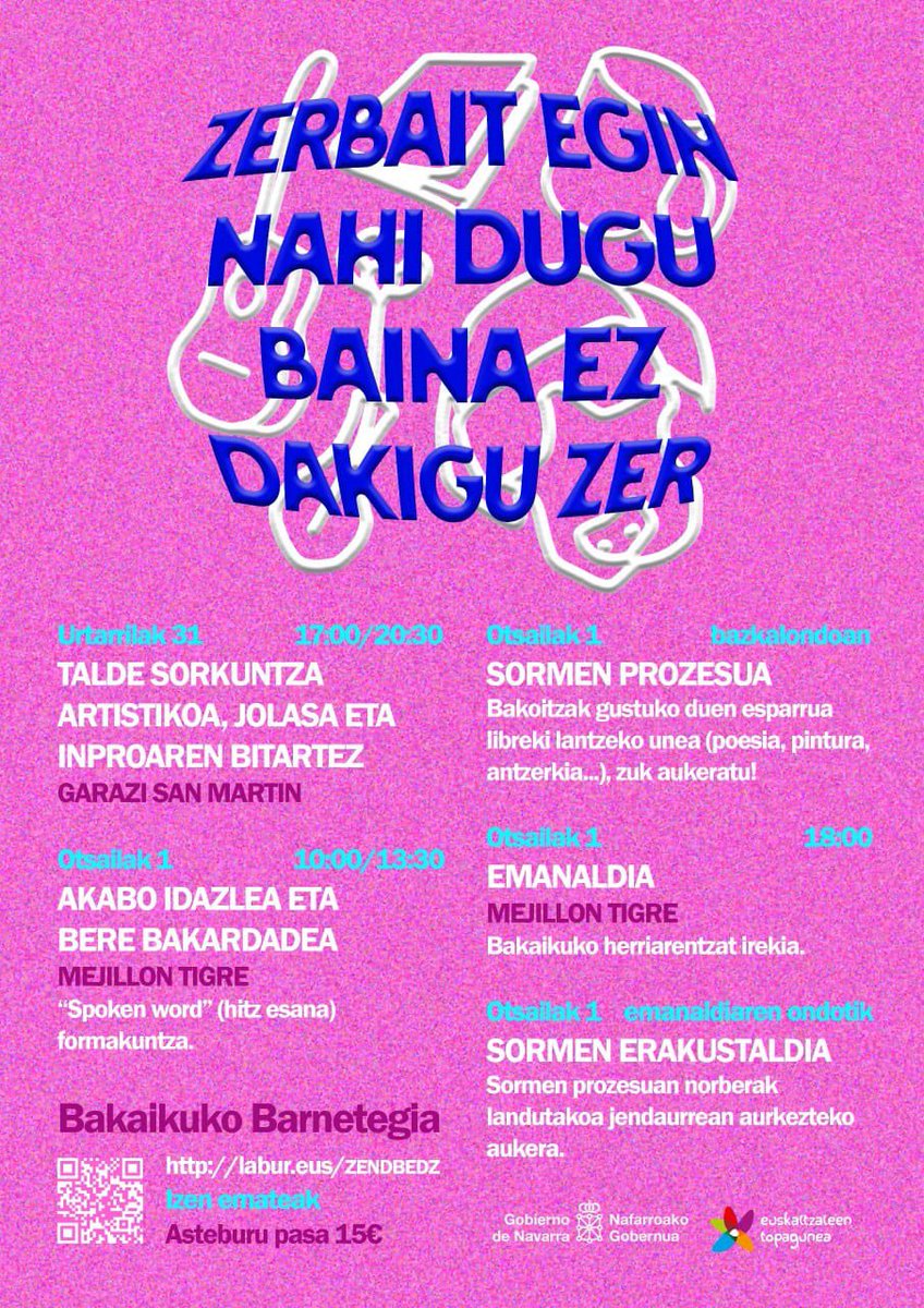 Euskaltzaleen Topaguneak AKA Taupak egitarau ederra prestatu du diziplina artistiko ugari lantzeko!!! 

1- urtarrileko ostegunetan Iruñean.
2- Asteburu pasa Bakaikuko barnetegian!!

Gazte asteriskoek ere izena eman dezakete 🤩🤩🤩🤩!!