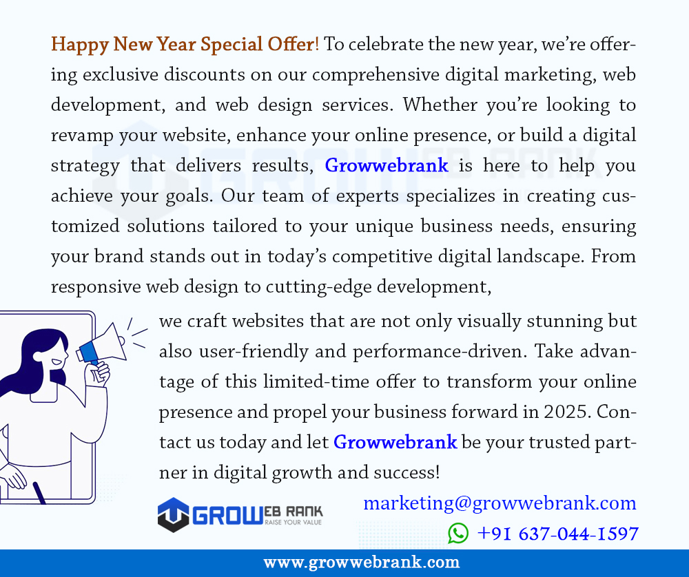 TheOfficialGWR's tweet photo. Kickstart your business success in 2025 with Growwebrank’s Happy New Year Special Offer! 

https://t.co/XOv2AIHYcF

#SEO
#UXDesign
#WebDesignTrends
#WebsiteOptimization
#WebDevelopmentServices
#OnlineMarketing
#SearchEngineOptimization https://t.co/2r7iqjj69P