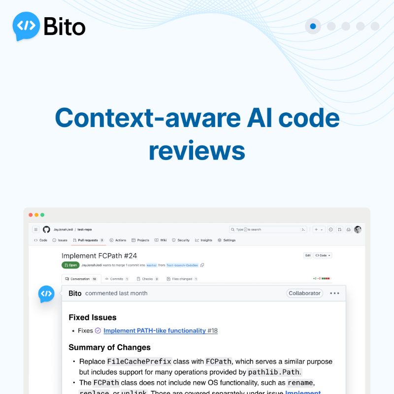 BitoHQ's tweet photo. Speed up code reviews with AI. Get pull request summaries, in-line feedback, and code suggestions instantly.