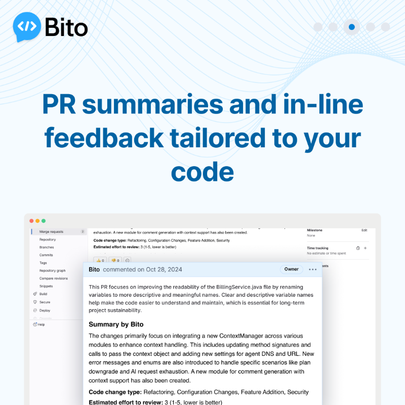 BitoHQ's tweet photo. Speed up code reviews with AI. Get pull request summaries, in-line feedback, and code suggestions instantly.