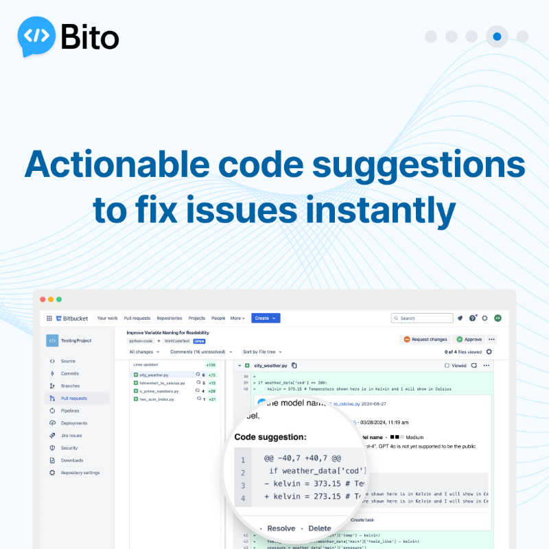 BitoHQ's tweet photo. Speed up code reviews with AI. Get pull request summaries, in-line feedback, and code suggestions instantly.