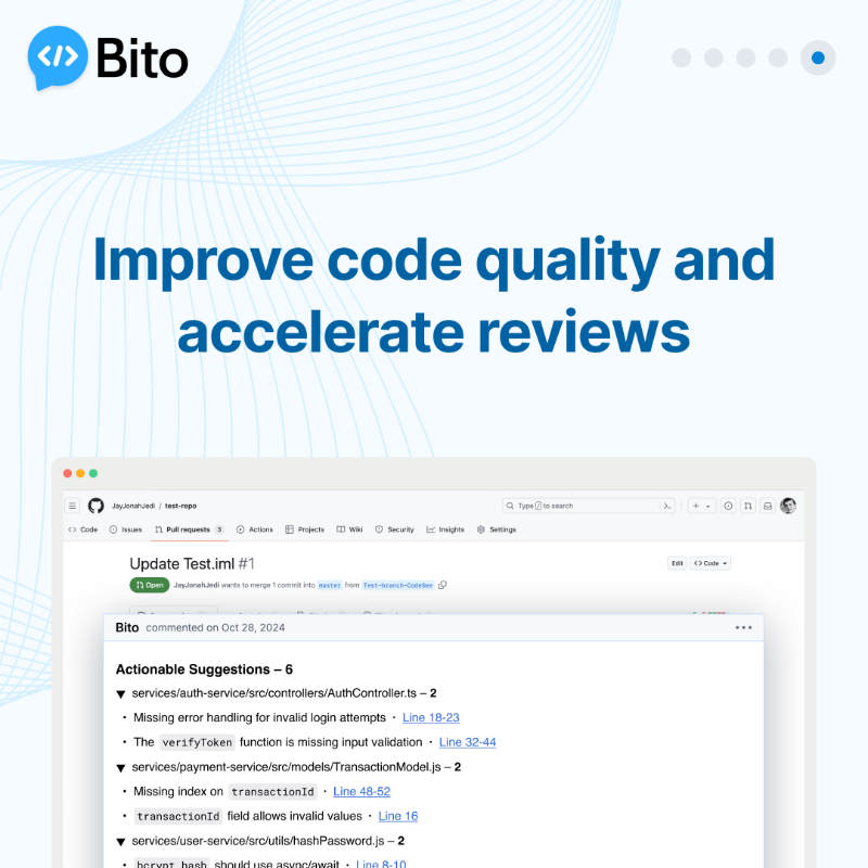 BitoHQ's tweet photo. Speed up code reviews with AI. Get pull request summaries, in-line feedback, and code suggestions instantly.