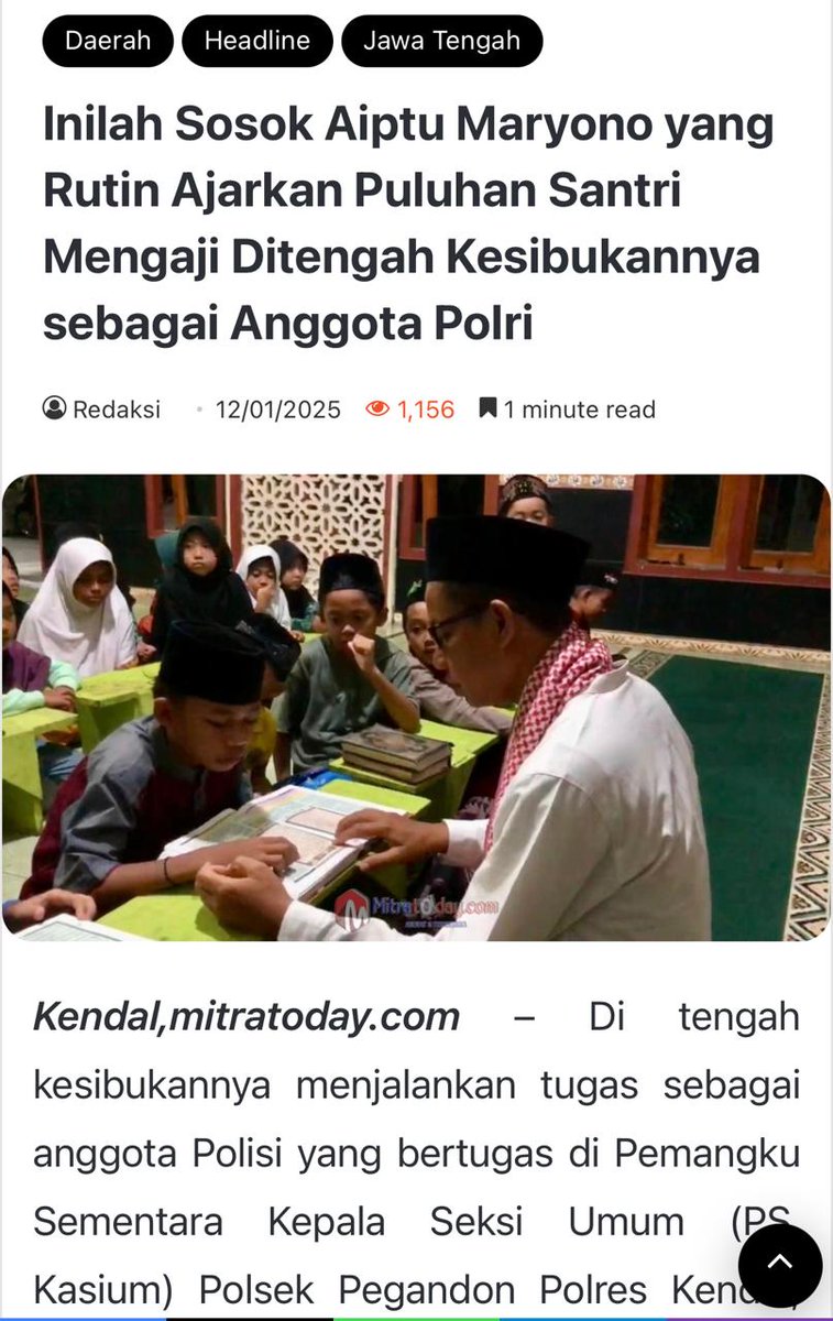 salut dan bangga sama sosok aiptu maryono, yang beliau ikut aktif dalam mencerdaskan santri ditengah kesibukannya 💪 panutan ini mah 👍 #ProfesionalLayaniIndonesia
Pengabdian Sepenuh Hati