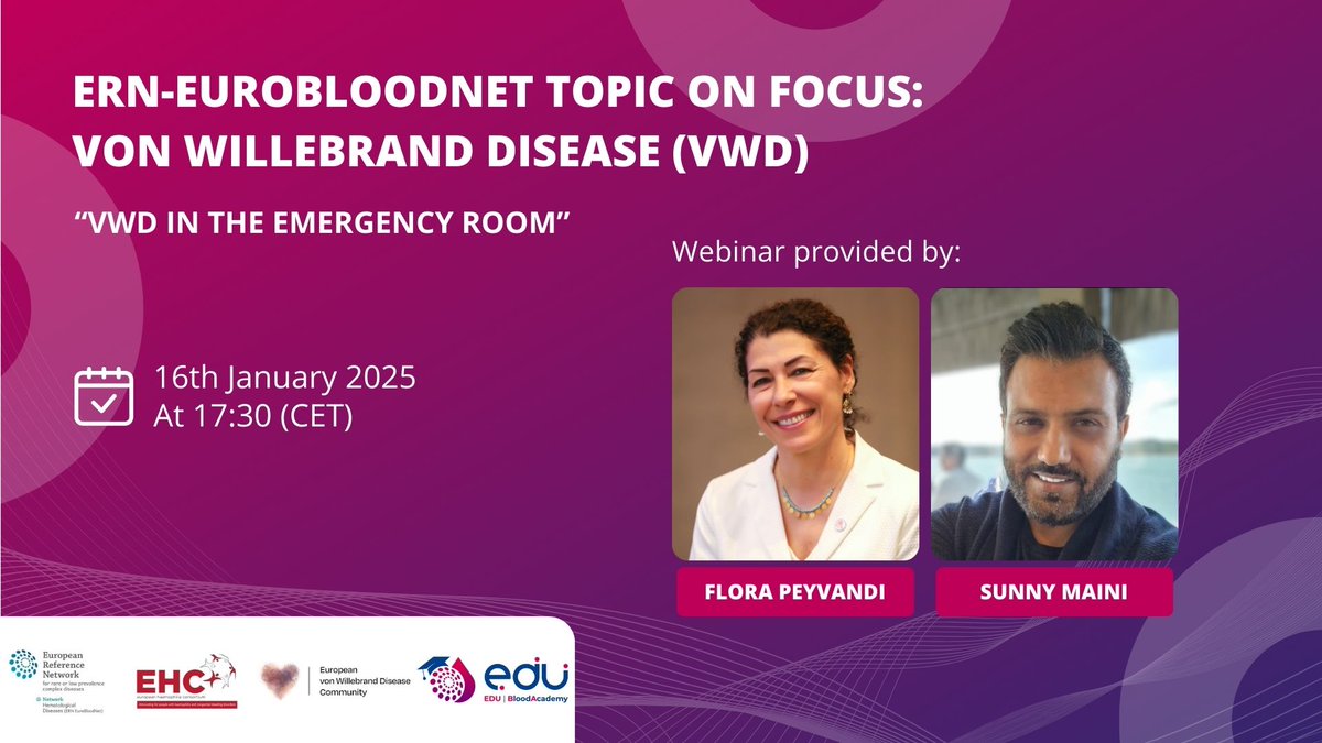 ERNEuroBloodNet's tweet photo. 🚀 @ERNEuroBloodNet #TopicOnFocus on #VWD webinar! Next session on VWD in the emergency room
👉https://t.co/wwfwlm6ooL
Organized in collaboration with @EHC_Haemophilia for patient organizations and healthcare professionals
#ERNeu #ERNs #HealthUnion #EU4Health https://t.co/CJfSPOuxzb