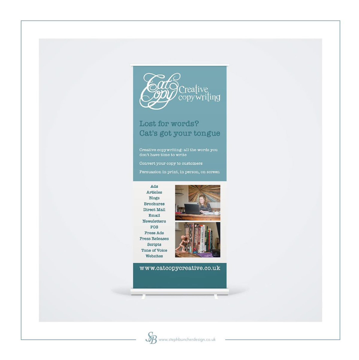 SBuncherDesign's tweet image. #throwback to a roller banner I designed for Cat Copy Creative Ltd to promote their copywriting services. The design uses their brand colours and explains a little about what they do and how they can help. 

#pastproject