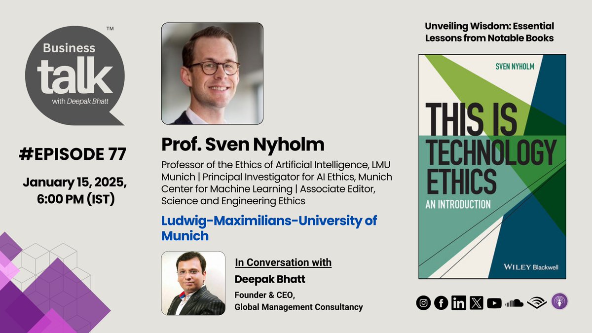 Business Talk is excited to welcome Dr. <a href="/SvenNyholm/">Sven Nyholm</a> as our guest for the upcoming podcast episode.

Dr. Sven is a Professor of Ethics of Artificial Intelligence, Principal Investigator of AI Ethics at the <a href="/MunichCenterML/">Munich Center for Machine Learning</a>, and co-editor of Science and Engineering Ethics. His